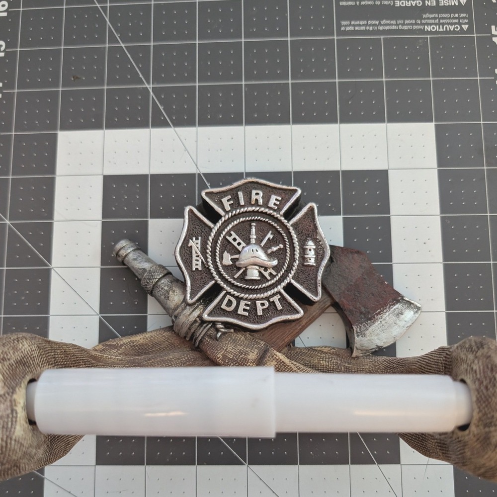 Fire Department Sheild Hose hanging toilet paper holder wood / resin unique vtg